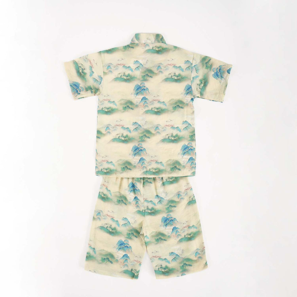 Singapore Souvenir Gift Chinese Landscape Painting Mountains Trees Baby Kids Boys Cheongsam Set Top n Shorts CNY Chinese New Year Outfit 0836 - Little Kooma