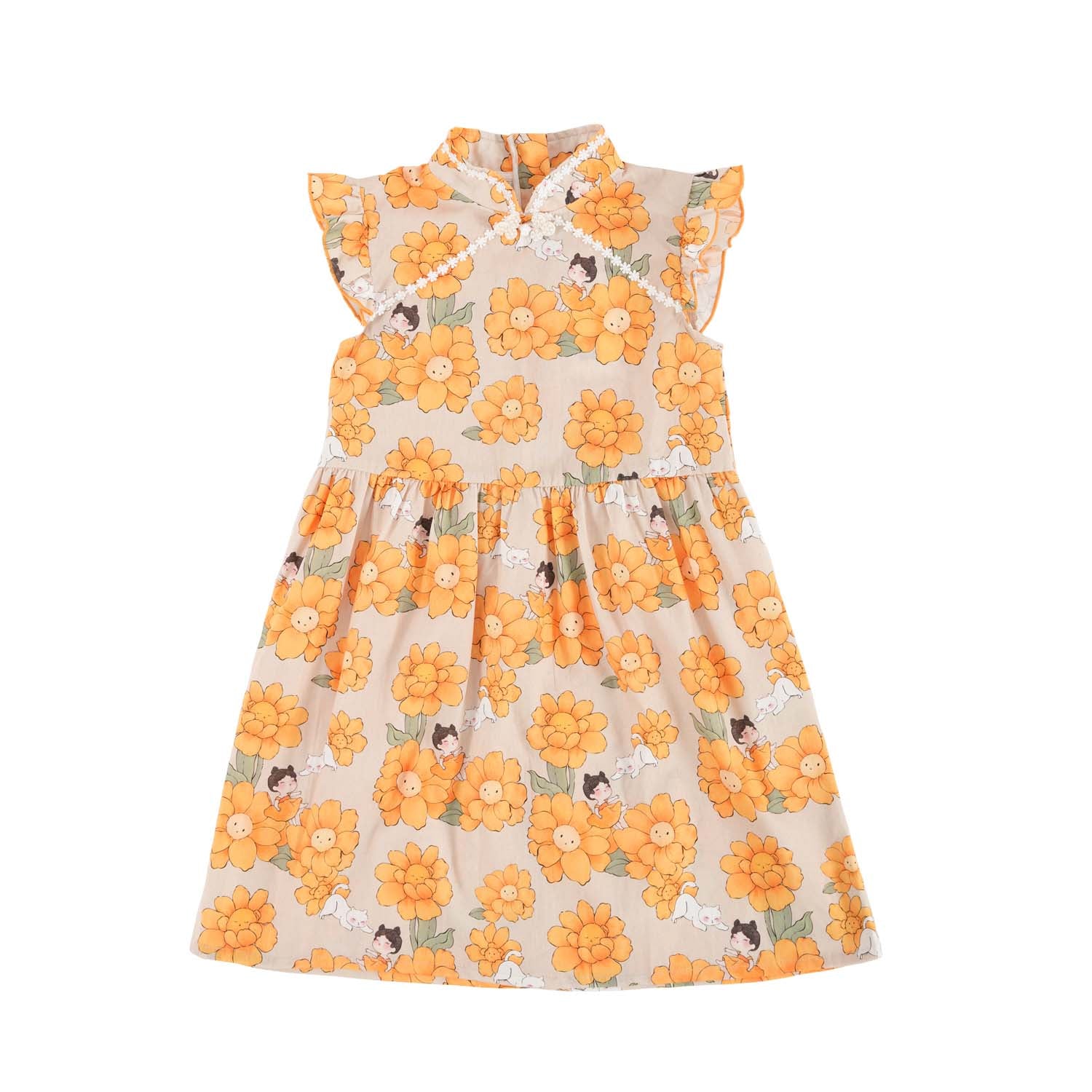 Singapore Souvenir Gift Sunflowers Little Girl n Cat Baby Kids Girl Cheongsam Dress 0846 - Little Kooma