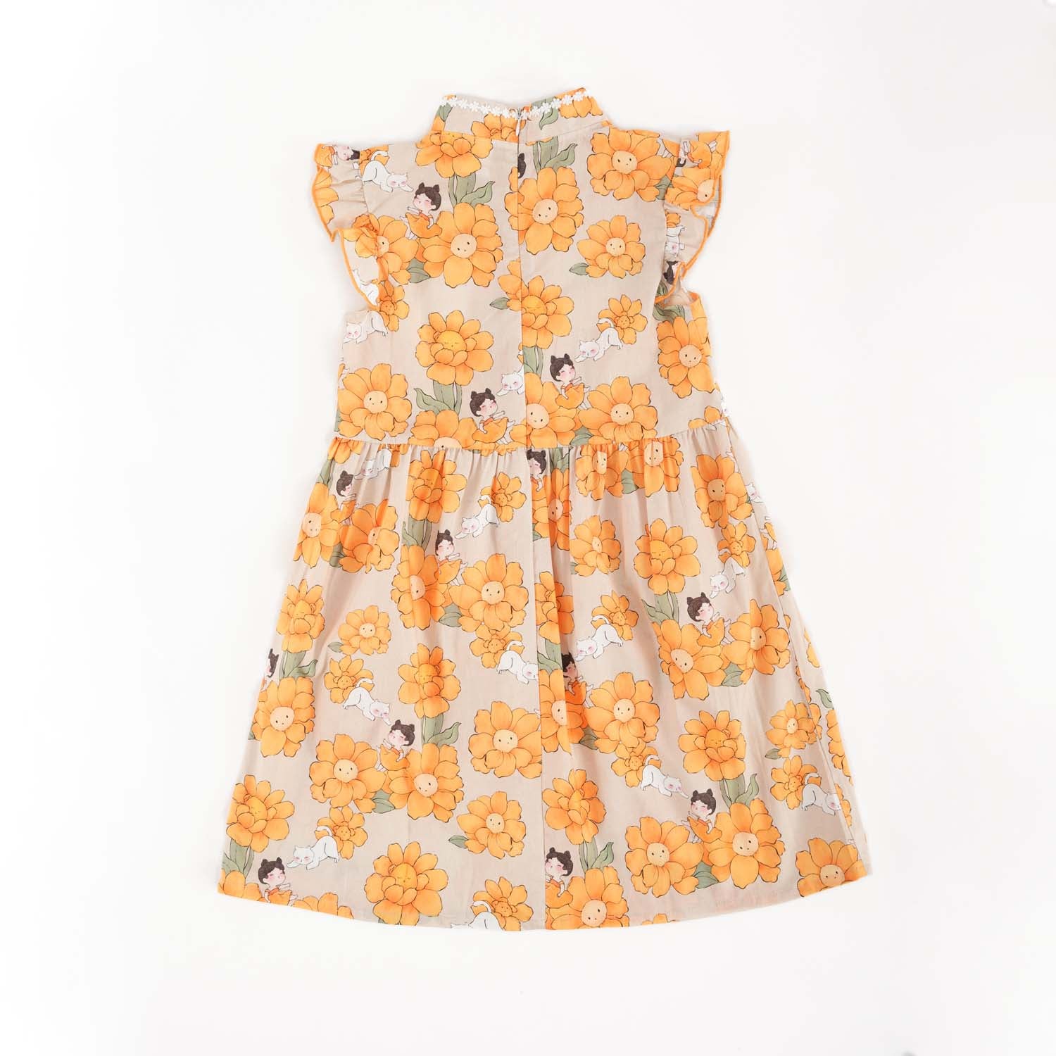 Singapore Souvenir Gift Sunflowers Little Girl n Cat Baby Kids Girl Cheongsam Dress 0846 - Little Kooma