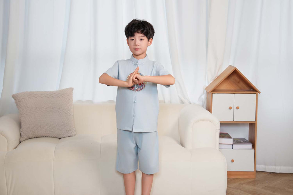 Singapore Souvenir Gift Vitality n Wisdom Blue Family Set Baby Kids Boys Cheongsam Set Top n Shorts CNY Chinese New Year Outfit 0844 - Little Kooma