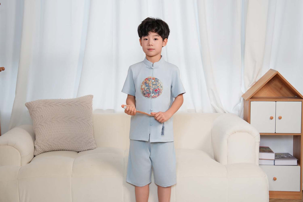 Singapore Souvenir Gift Vitality n Wisdom Blue Family Set Baby Kids Boys Cheongsam Set Top n Shorts CNY Chinese New Year Outfit 0844 - Little Kooma