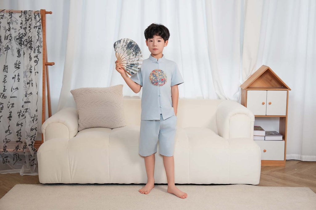 Singapore Souvenir Gift Vitality n Wisdom Blue Family Set Baby Kids Boys Cheongsam Set Top n Shorts CNY Chinese New Year Outfit 0844 - Little Kooma