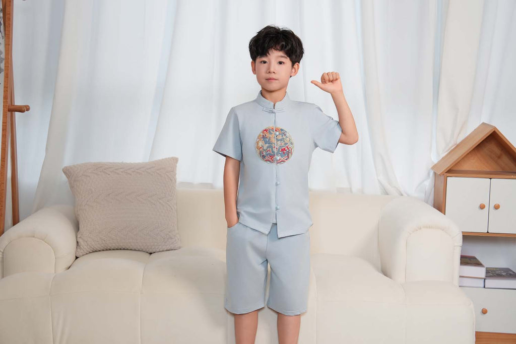 Singapore Souvenir Gift Vitality n Wisdom Blue Family Set Baby Kids Boys Cheongsam Set Top n Shorts CNY Chinese New Year Outfit 0844 - Little Kooma