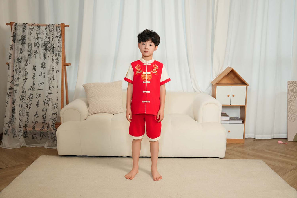 Singapore Souvenir Gift Wealth and Harmony Red Family Set with Golden Fish Embroidery Baby Kids Boys Cheongsam Set Top n Shorts CNY Chinese New Year Outfit 0835 - Little Kooma