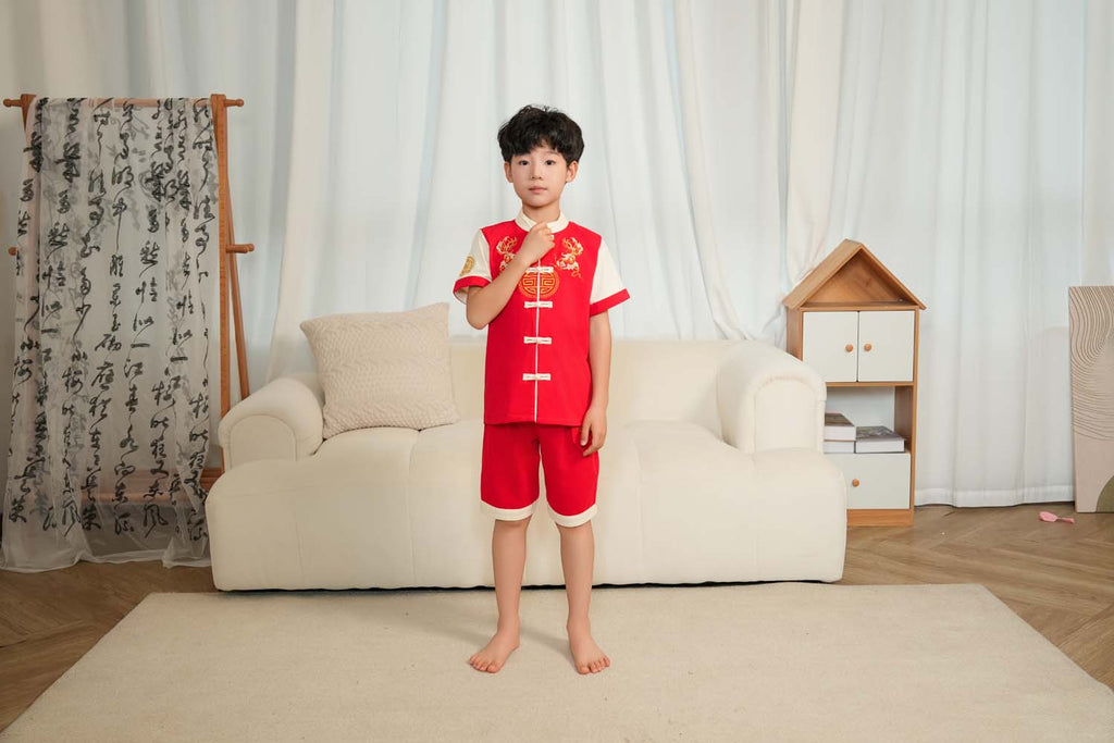 Singapore Souvenir Gift Wealth and Harmony Red Family Set with Golden Fish Embroidery Baby Kids Boys Cheongsam Set Top n Shorts CNY Chinese New Year Outfit 0835 - Little Kooma