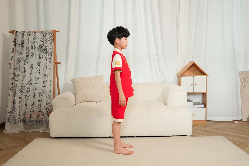 Singapore Souvenir Gift Wealth and Harmony Red Family Set with Golden Fish Embroidery Baby Kids Boys Cheongsam Set Top n Shorts CNY Chinese New Year Outfit 0835 - Little Kooma