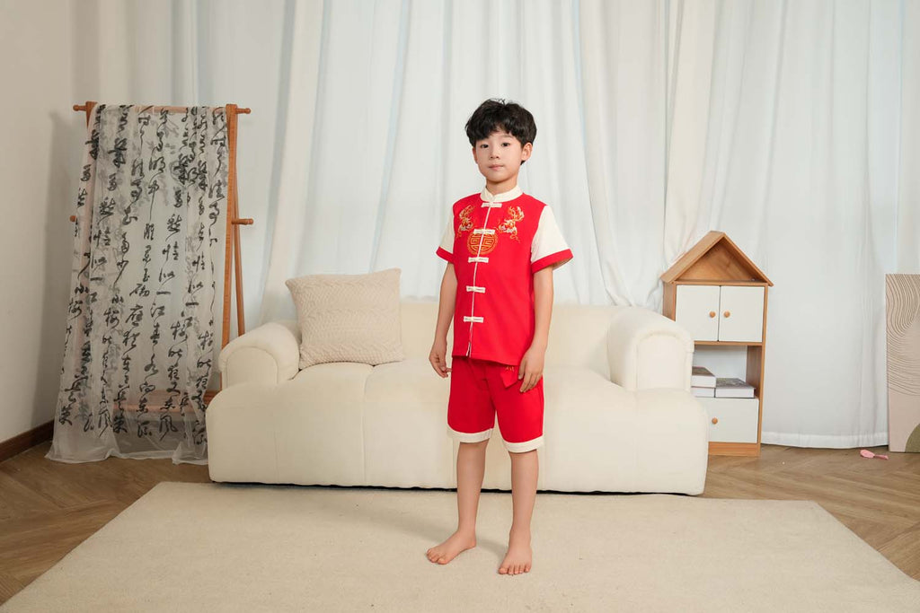 Singapore Souvenir Gift Wealth and Harmony Red Family Set with Golden Fish Embroidery Baby Kids Boys Cheongsam Set Top n Shorts CNY Chinese New Year Outfit 0835 - Little Kooma