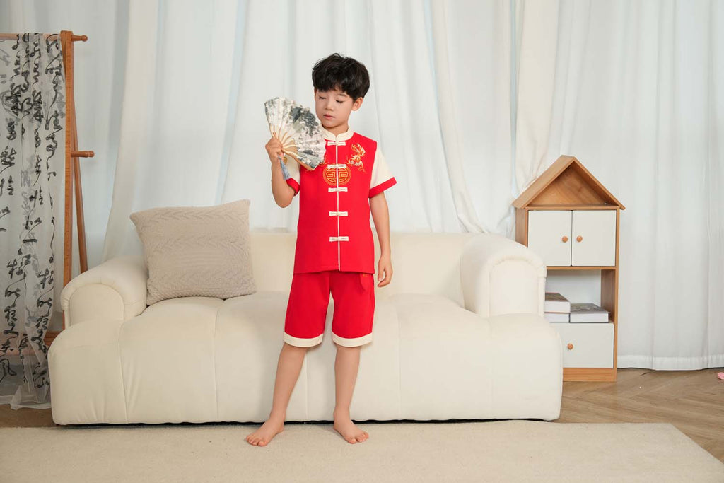 Singapore Souvenir Gift Wealth and Harmony Red Family Set with Golden Fish Embroidery Baby Kids Boys Cheongsam Set Top n Shorts CNY Chinese New Year Outfit 0835 - Little Kooma