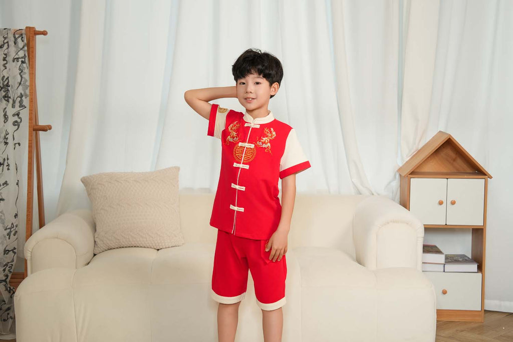 Singapore Souvenir Gift Wealth and Harmony Red Family Set with Golden Fish Embroidery Baby Kids Boys Cheongsam Set Top n Shorts CNY Chinese New Year Outfit 0835 - Little Kooma