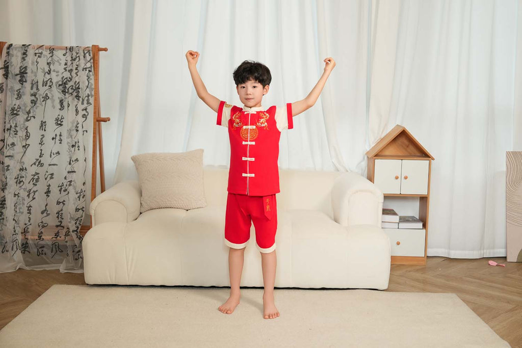 Singapore Souvenir Gift Wealth and Harmony Red Family Set with Golden Fish Embroidery Baby Kids Boys Cheongsam Set Top n Shorts CNY Chinese New Year Outfit 0835 - Little Kooma