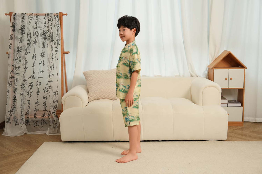 Singapore Souvenir Gift Chinese Landscape Painting Mountains Trees Baby Kids Boys Cheongsam Set Top n Shorts CNY Chinese New Year Outfit 0836 - Little Kooma