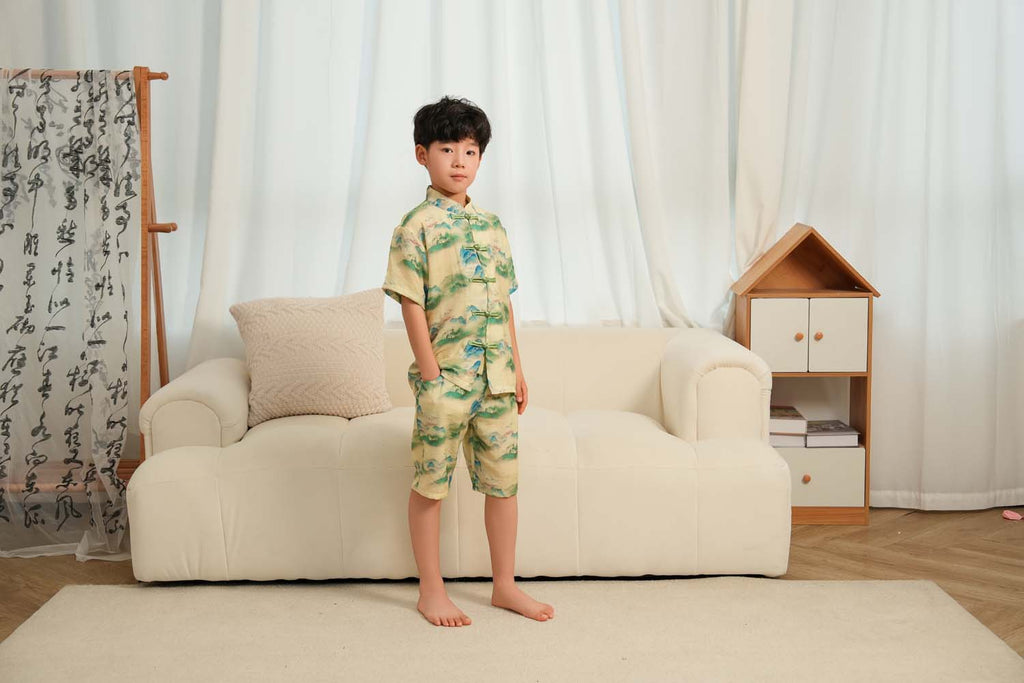 Singapore Souvenir Gift Chinese Landscape Painting Mountains Trees Baby Kids Boys Cheongsam Set Top n Shorts CNY Chinese New Year Outfit 0836 - Little Kooma