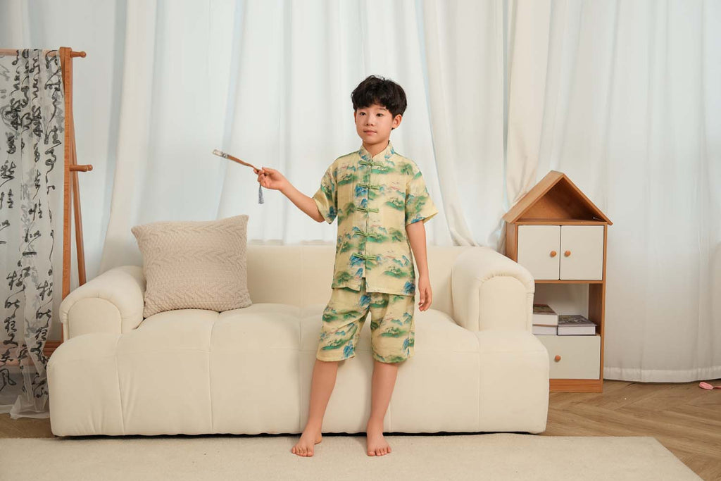 Singapore Souvenir Gift Chinese Landscape Painting Mountains Trees Baby Kids Boys Cheongsam Set Top n Shorts CNY Chinese New Year Outfit 0836 - Little Kooma