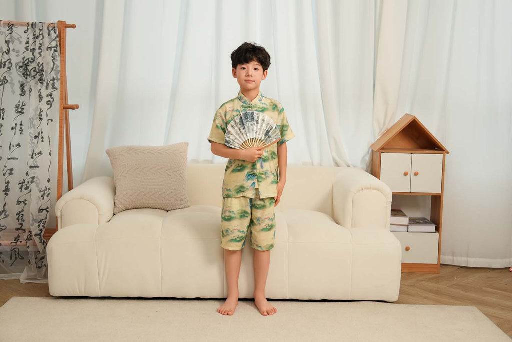 Singapore Souvenir Gift Chinese Landscape Painting Mountains Trees Baby Kids Boys Cheongsam Set Top n Shorts CNY Chinese New Year Outfit 0836 - Little Kooma
