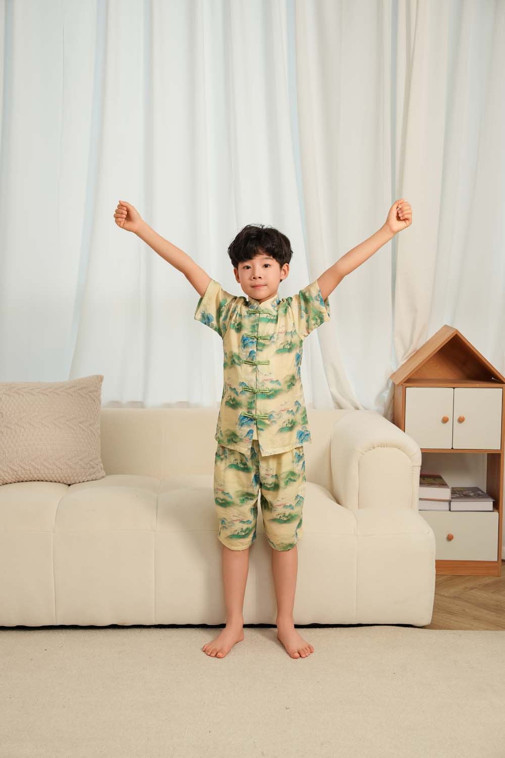 Singapore Souvenir Gift Chinese Landscape Painting Mountains Trees Baby Kids Boys Cheongsam Set Top n Shorts CNY Chinese New Year Outfit 0836 - Little Kooma