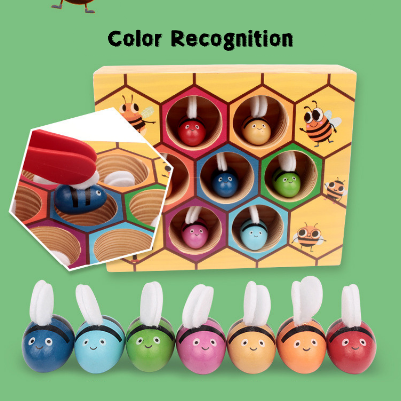 Montessori Early Education Wooden Bug Catching Game Preschool Educational Role-Playing Toy for Color Recognition and Bee Clipping 3 Years + - Little Kooma