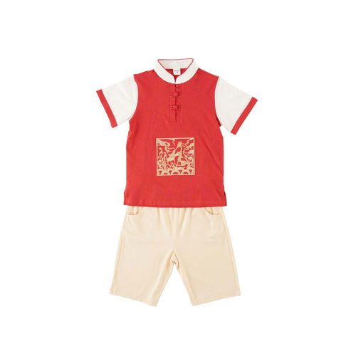Singapore Souvenir Gift Majestic Phoenix Cheongsam Symbol of Power and Renewal Baby Kids Boys Cheongsam Set Top n Shorts CNY Chinese New Year Outfit 0837 - Little Kooma