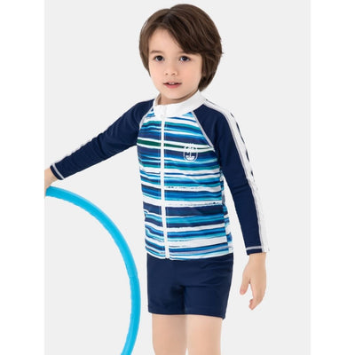 Baby Kids Boy Stripes Long Sleeve Top w Zipper n Shorts Swimming Suit Set 908414 - Little Kooma