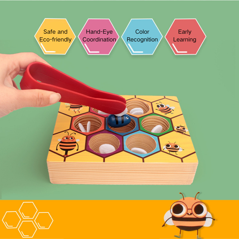 Montessori Early Education Wooden Bug Catching Game Preschool Educational Role-Playing Toy for Color Recognition and Bee Clipping 3 Years + - Little Kooma