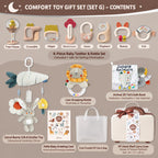 Newborn Unisex Baby Comfort & Sensory Toy Gift Set with Keepsake Suitcase – Teethers, Rattles, Cloth Book & Cot Toy