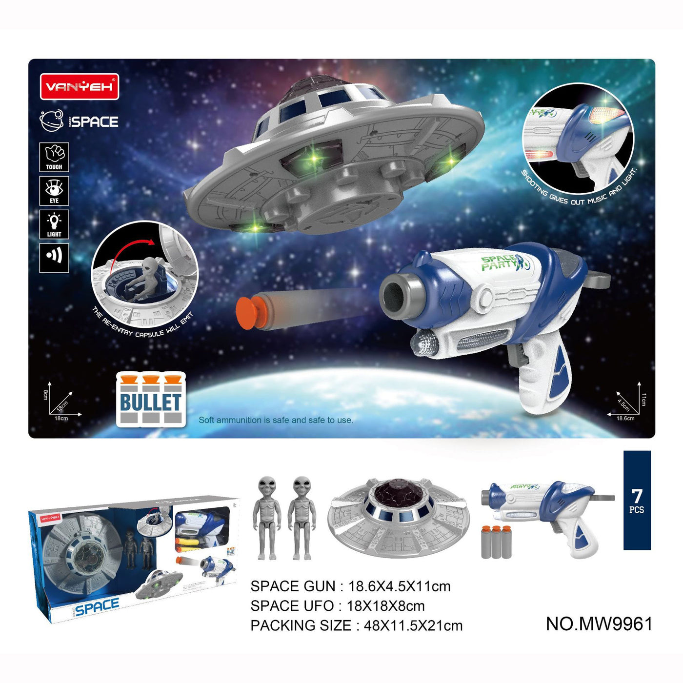 Kids Space Soft Bullet Gun Flying Gyro Gun UFO Return Capsule Light Effects - Little Kooma