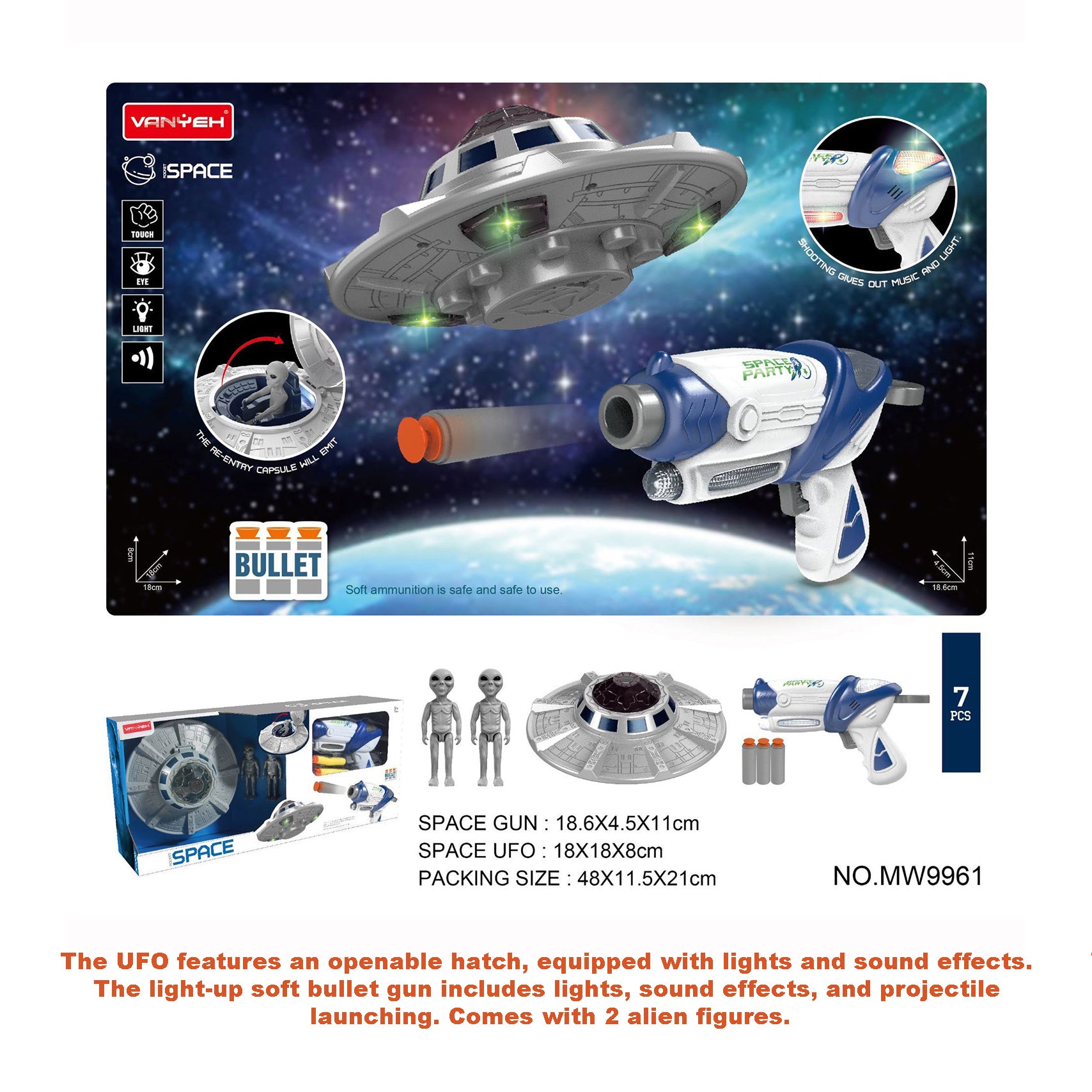 Kids Space Soft Bullet Gun Flying Gyro Gun UFO Return Capsule Light Effects - Little Kooma