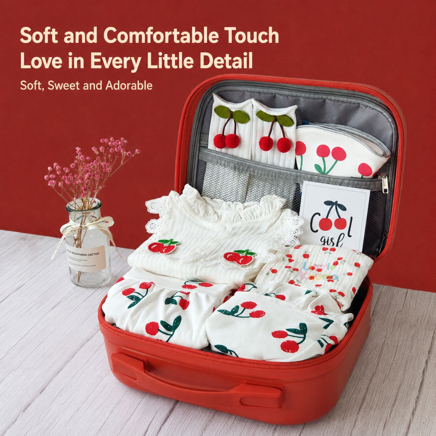 Little Cherry Baby Girl Gift Set with Romper, Bib, Headband, Socks & PC Keepsake Suitcase