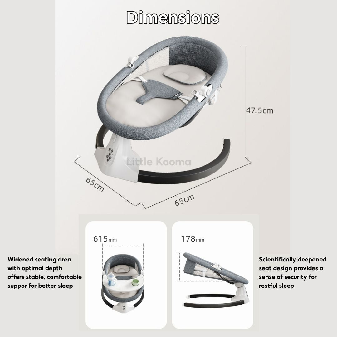 Electric Baby Rocking Chair with Bluetooth Music, Remote Control & Mosquito Net – Adjustable Swing & Recline - Little Kooma