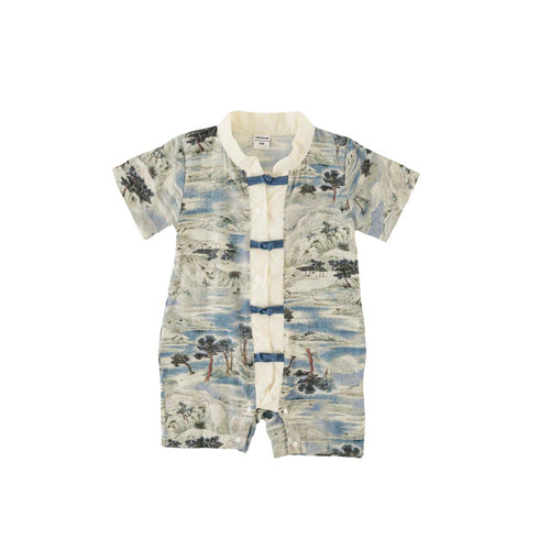 Singapore Souvenir Gift Chinese Landscape Painting Mountains Trees Houses Baby Boy Cheongsam Romper 0840 - Little Kooma