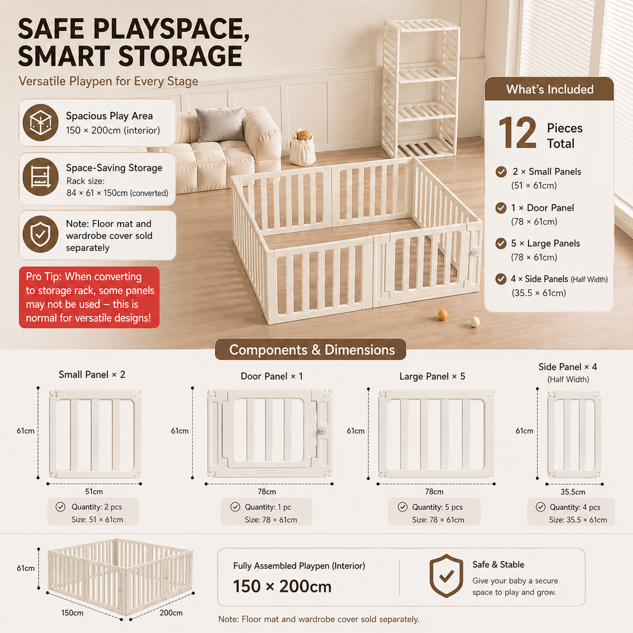 3-in-1 Kids Playpen | Converts to Storage Shelf & Wardrobe | HDPE Safety Fence with Door Lock | Baby Play Yard - Little Kooma