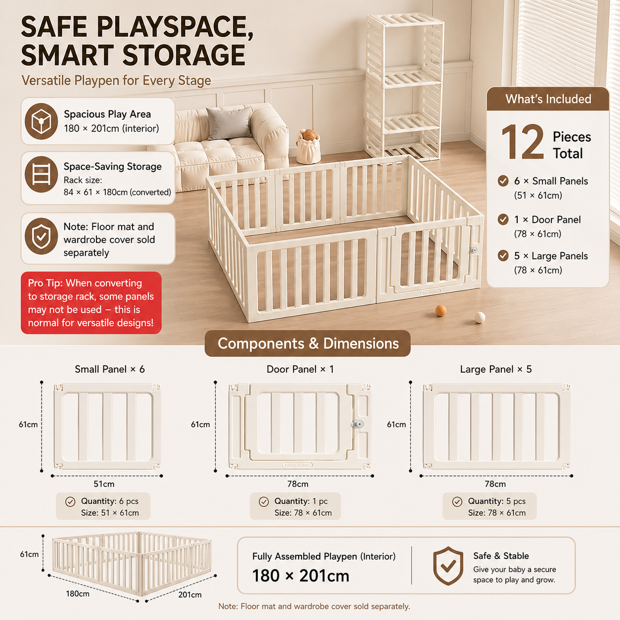 3-in-1 Kids Playpen | Converts to Storage Shelf & Wardrobe | HDPE Safety Fence with Door Lock | Baby Play Yard - Little Kooma
