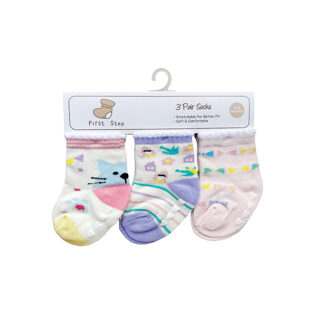 First Step Baby Socks 3 Pairs Pack Anti-slip BC71223 - Little Kooma