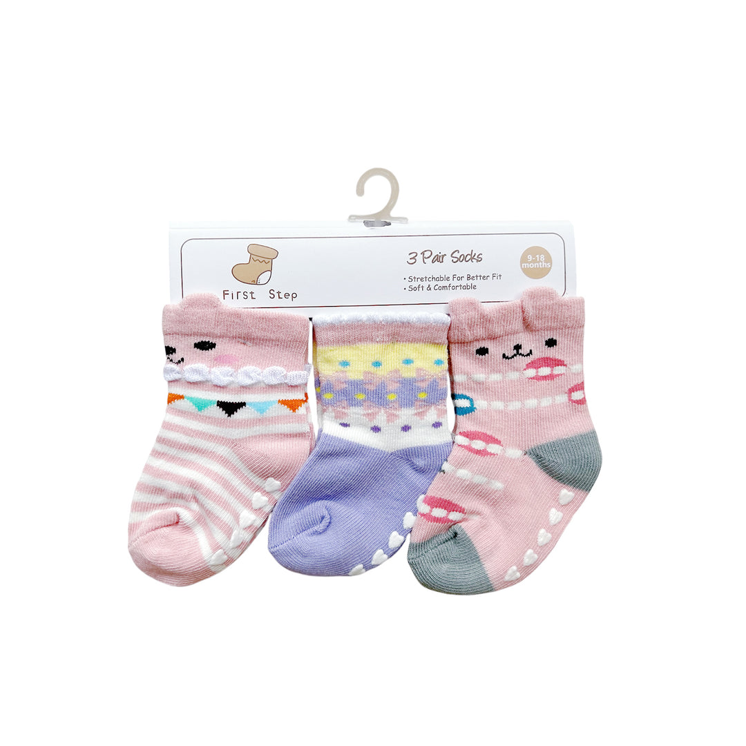 First Step Baby Socks 3 Pairs Pack Anti-slip BC71226 - Little Kooma