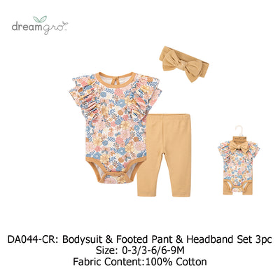 Baby Girl 3 Piece Bodysuit Pants Headband Set DA044-CR - Little Kooma