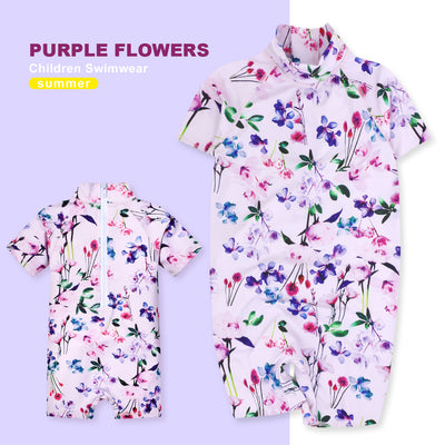 Baby Kids Girl's Zip Printed Purple Flowers One Piece Swimming Suit - Little Kooma