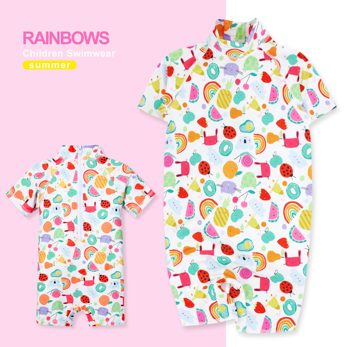 Baby Kids Girl's Zip Printed Rainbows One Piece Swimming Suit - Little Kooma