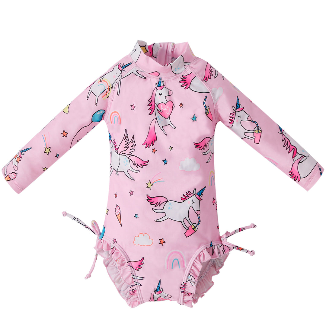 Baby Kids Girl's Zip Printed Unicorn Long Sleeve One Piece Swimming Suit - Little Kooma