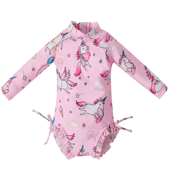 Baby Kids Girl's Zip Printed Unicorn Long Sleeve One Piece Swimming Suit - Little Kooma