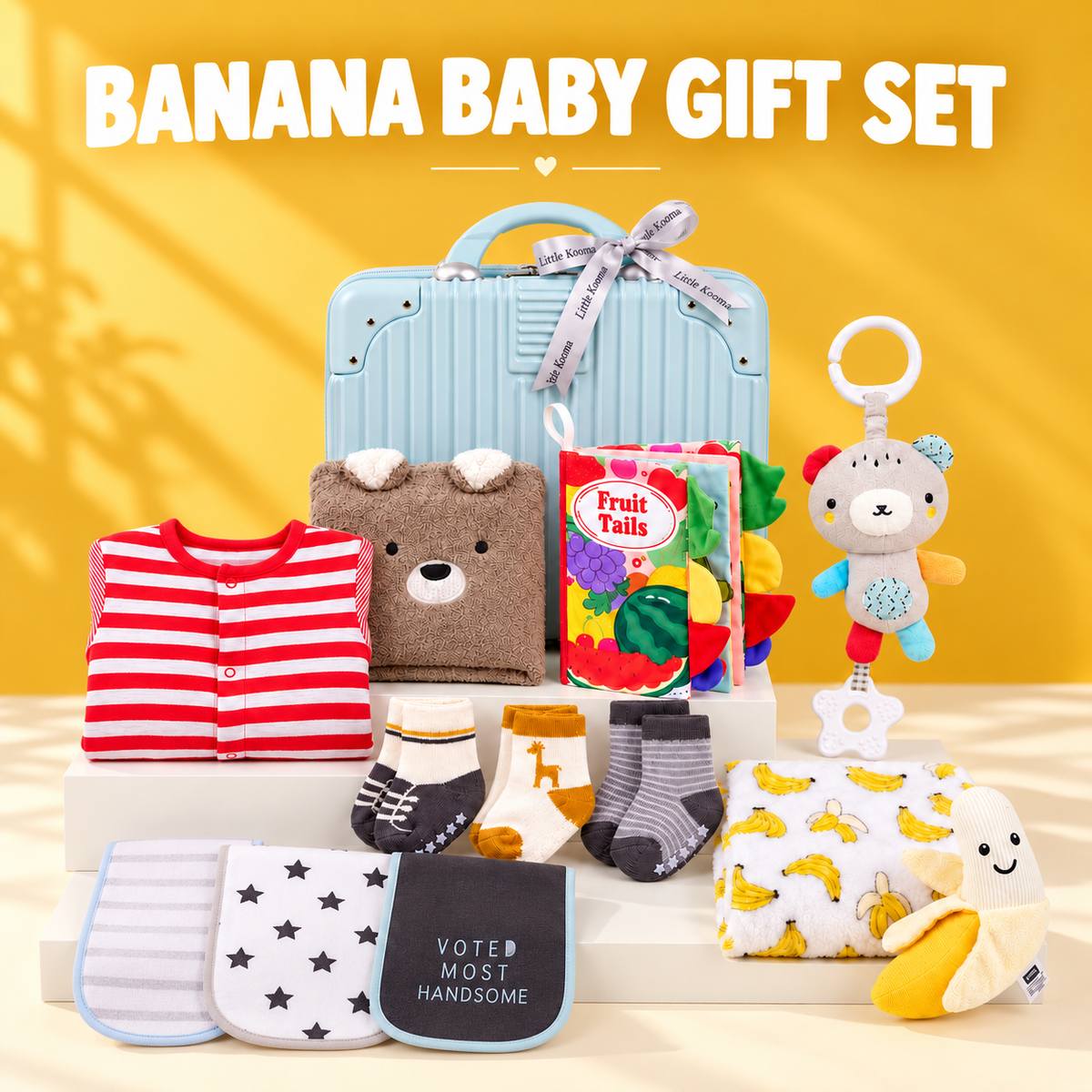 New Born Baby Boy Banana LED Light Layette Plush Blanket Suitcase Mummy Makeup Box Gift Hamper Gift Box Set - Little Kooma