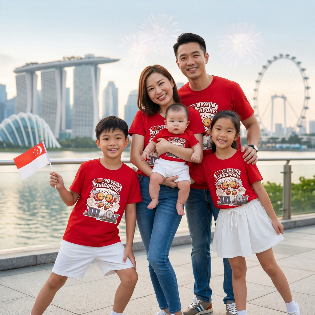 Singapore National Day Kids Red T-Shirt Family Matching Outfit - Bee-lieve in Singapore - Little Kooma