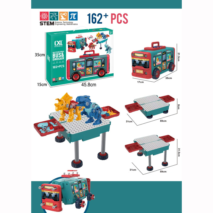 Kids 162 Piece Multifunctional Bus & Dinosaur Set with Drill Toy Kids Drill Sets Preschool & Toddler STEM Toy - Little Kooma