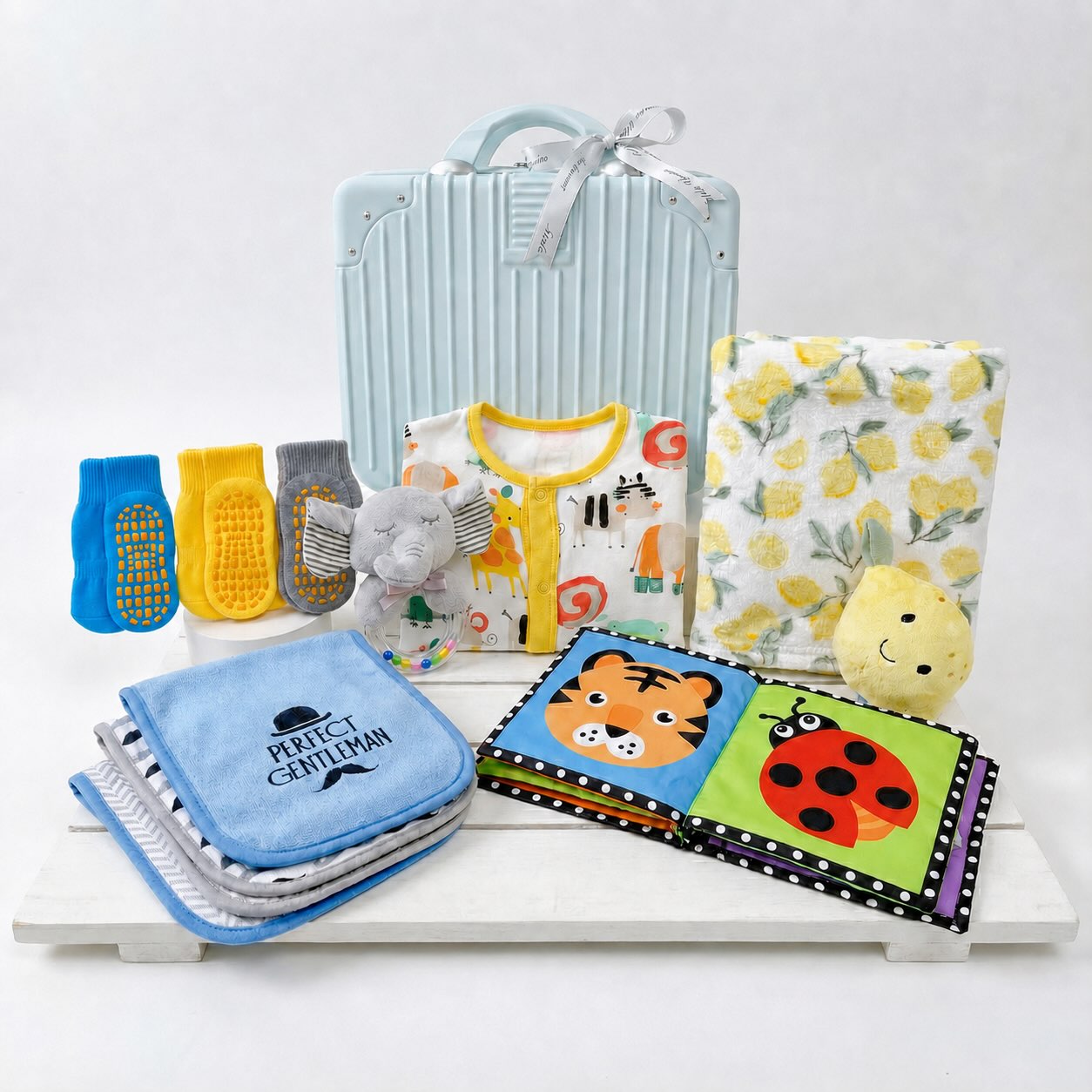New Born Baby Boy Lemon LED Light Layette Plush Blanket Suitcase Mummy Makeup Box Gift Hamper Gift Box Set