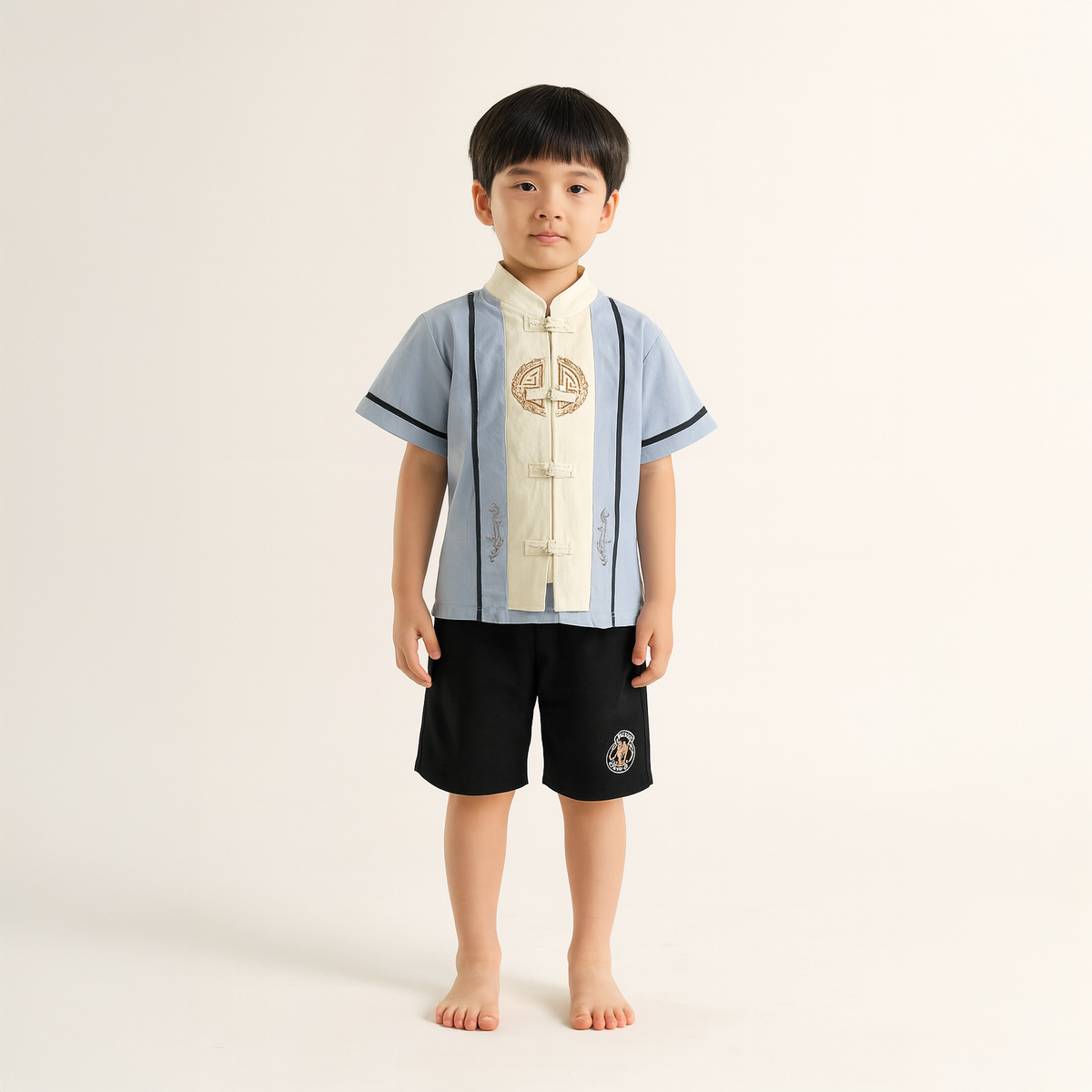 Singapore Souvenir Gift Baby Kids Boys Fake Two Piece Cheongsam Set Blue Top n Black Shorts CNY Chinese New Year Outfit