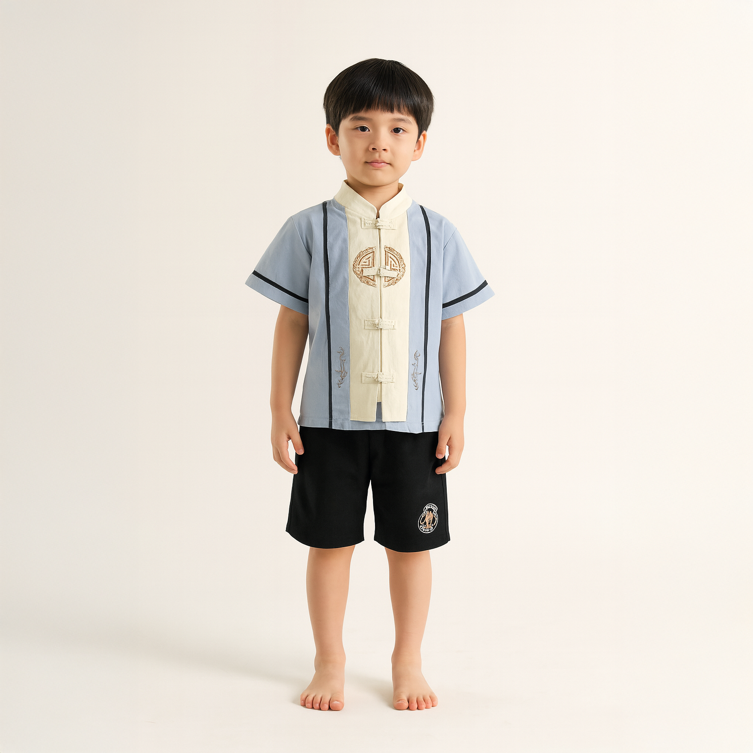 Singapore Souvenir Gift Baby Kids Boys Fake Two Piece Cheongsam Set Blue Top n Black Shorts CNY Chinese New Year Outfit