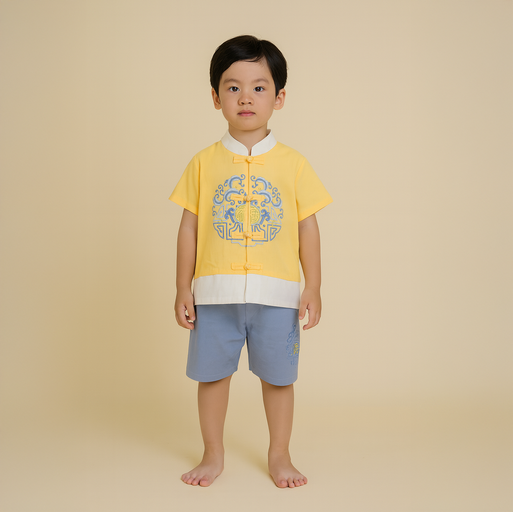 Singapore Souvenir Gift Baby Kids Boys Chinese Character Fu Cheongsam Set Yellow Top n Blue Shorts CNY Chinese New Year Outfit