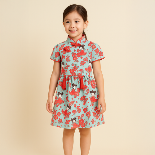 Singapore Souvenir Gift Little Girl Dancing Among Red Plum Flowers Baby Kids Girl Cheongsam Dress 0853 - Little Kooma