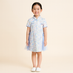 Singapore Souvenir Gift Baby Kids Girl Blue n Pink Flower Cheongsam Dress w Double Bowties n Side Voile Design - Little Kooma