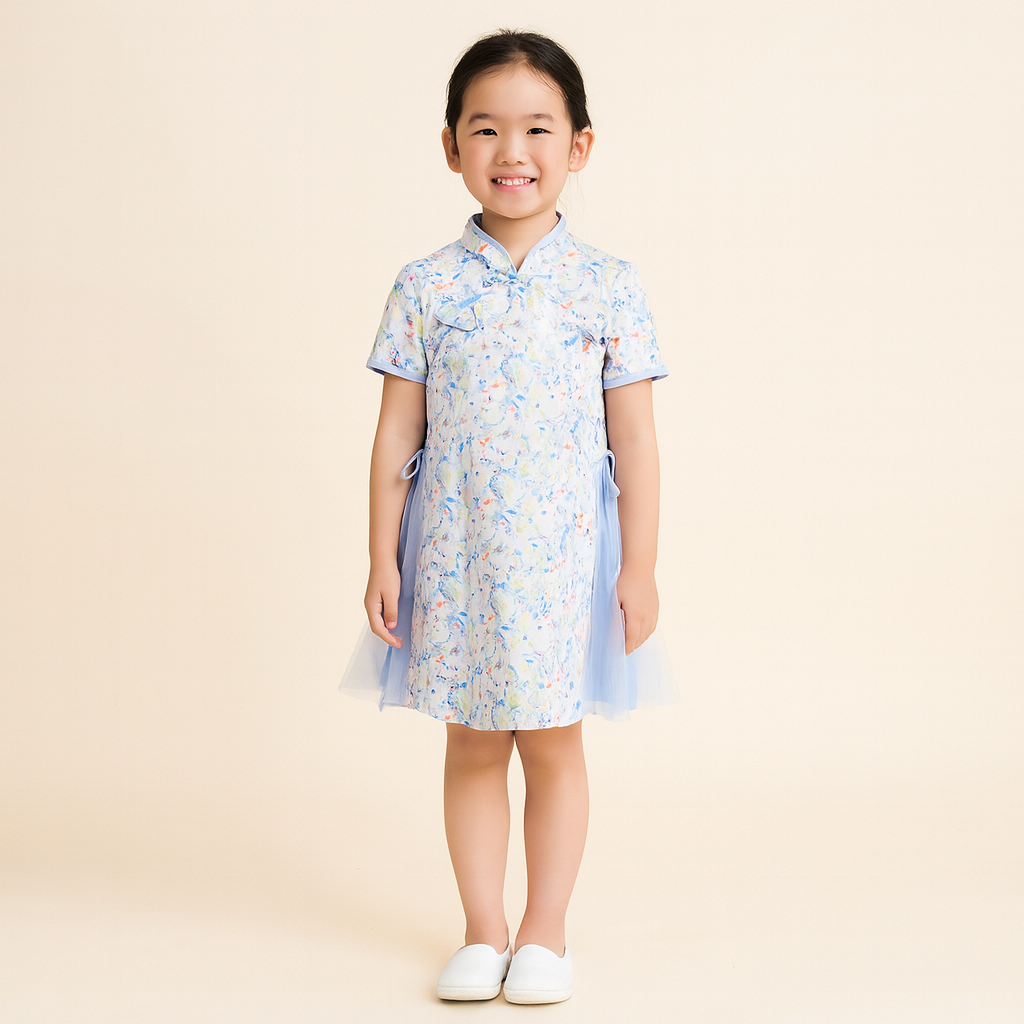 Singapore Souvenir Gift Baby Kids Girl Blue n Pink Flower Cheongsam Dress w Double Bowties n Side Voile Design