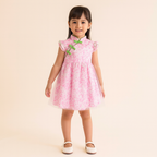 Singapore Souvenir Gift Baby Kids Girl Voile Cover Pink Cheongsam Dress w White Flowers - Little Kooma