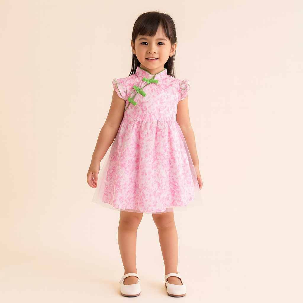 Singapore Souvenir Gift Baby Kids Girl Voile Cover Pink Cheongsam Dress w White Flowers